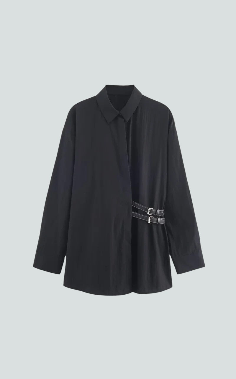 Waist-Buckle Accent Black Blouse