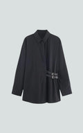 Waist-Buckle Accent Black Blouse