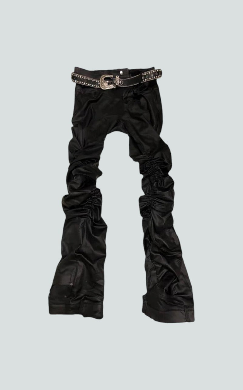 Matte Black Ruched Leather Trousers