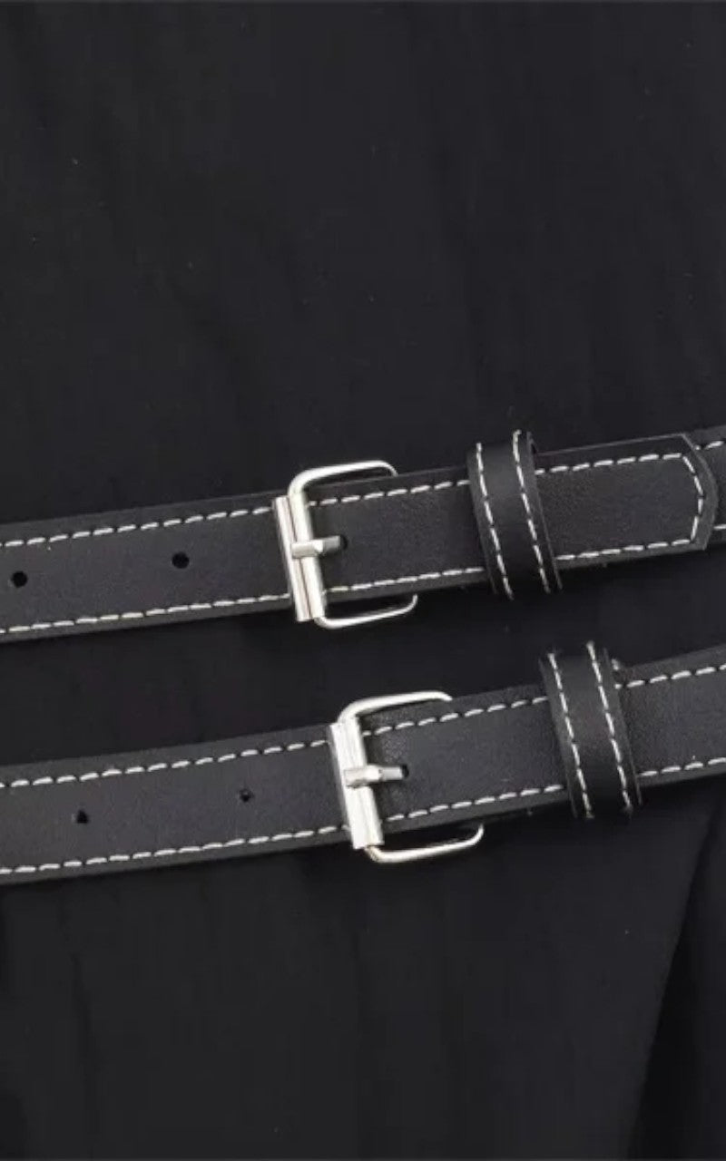 Waist-Buckle Accent Black Blouse