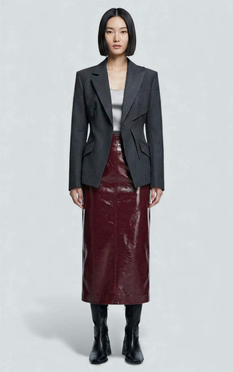 Glossed Wine Midi Skirt with Sculpted Fit