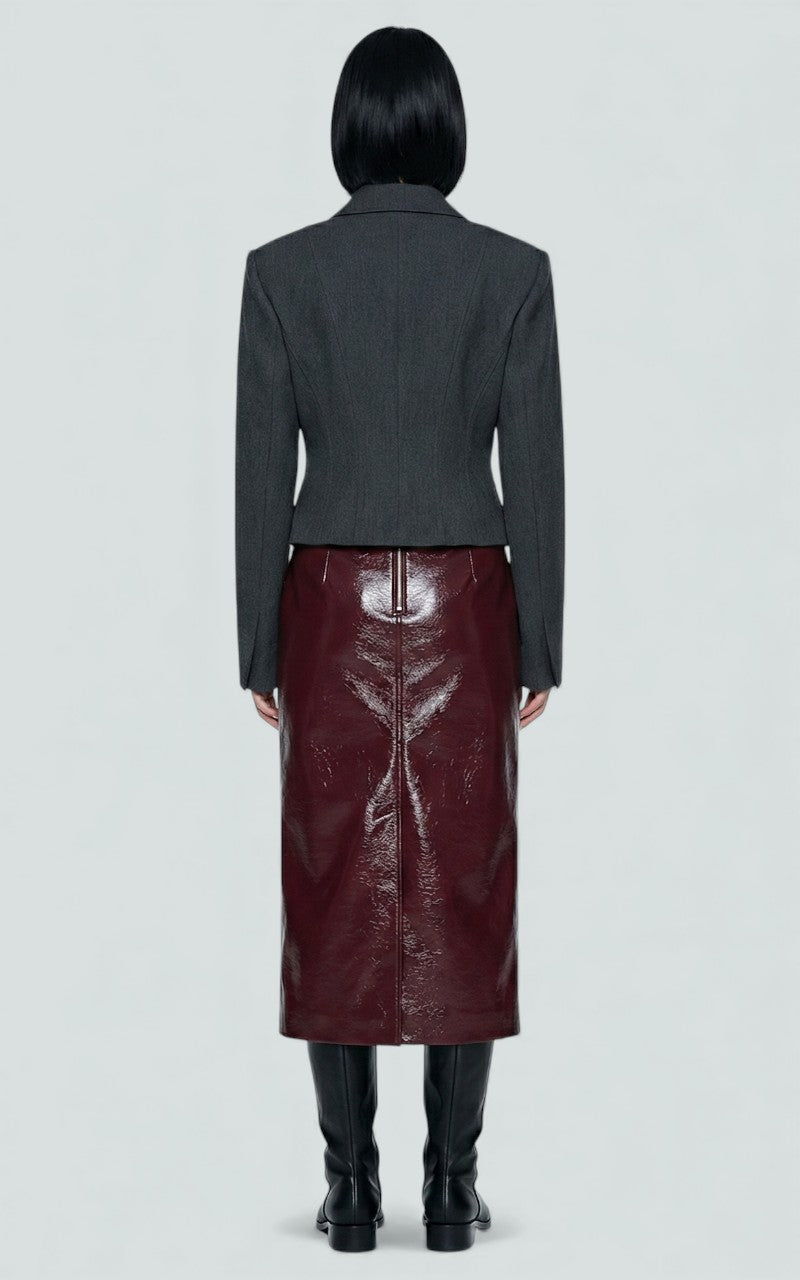 Glossed Wine Midi Skirt with Sculpted Fit