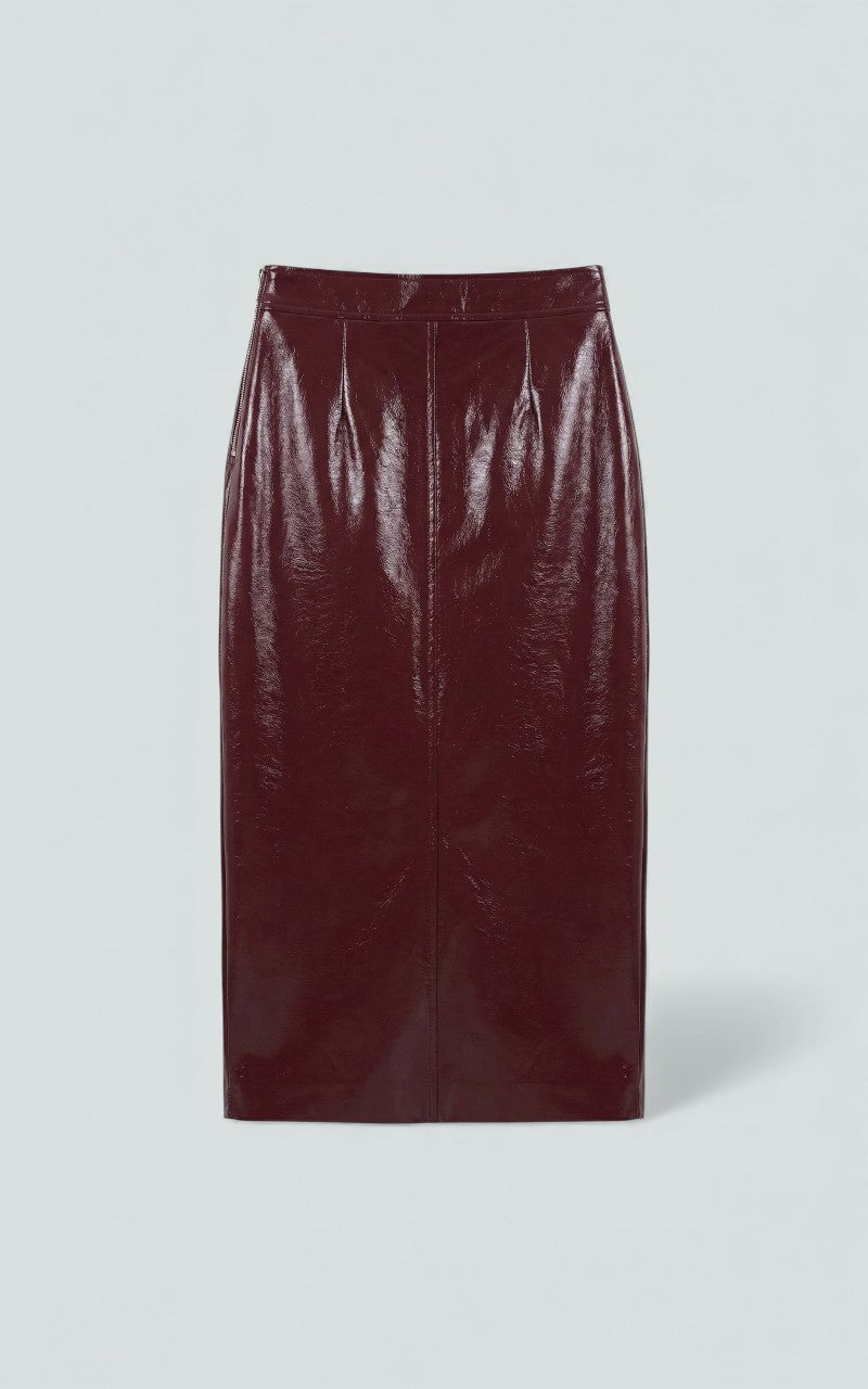 Glossed Wine Midi Skirt with Sculpted Fit
