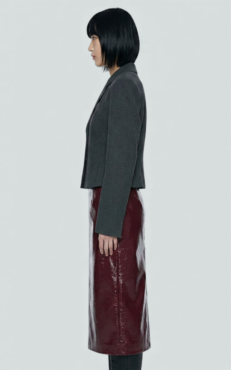 Glossed Wine Midi Skirt with Sculpted Fit