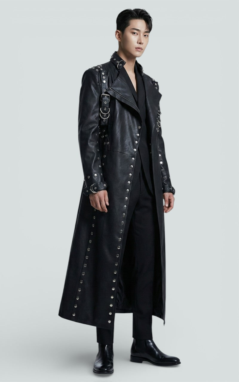 Rivet-Detail Faux Leather Long Coat