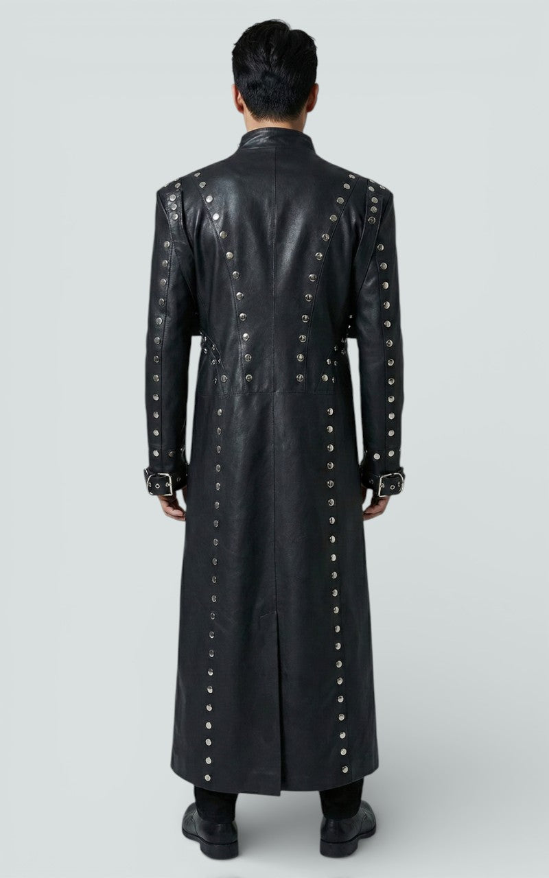 Rivet-Detail Faux Leather Long Coat