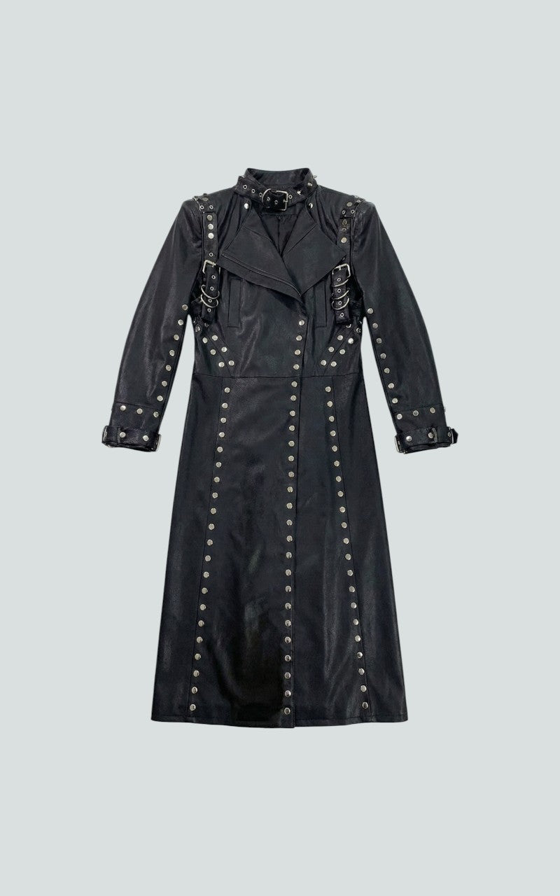 Rivet-Detail Faux Leather Long Coat