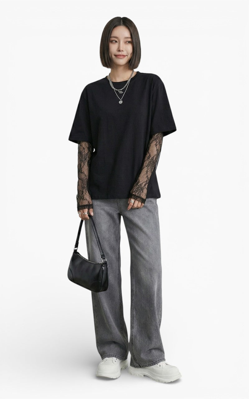 Lace Sleeve Round Neck Top