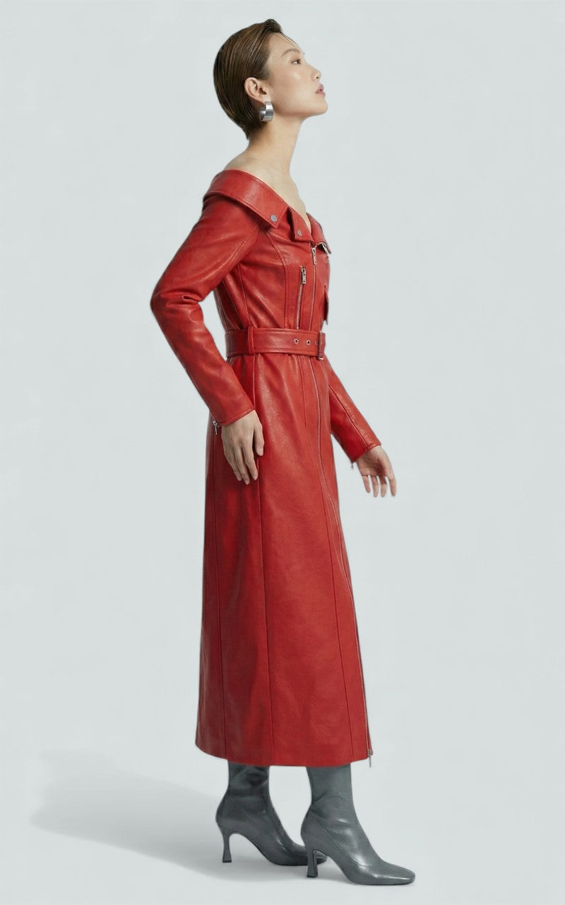 Crimson Off-Shoulder Leather Midi Dress