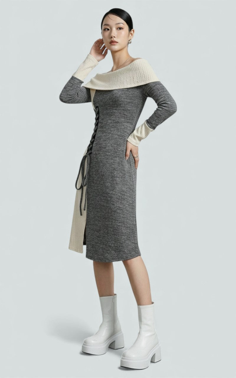 Ivory Ash Lace-Panel Knit Dress