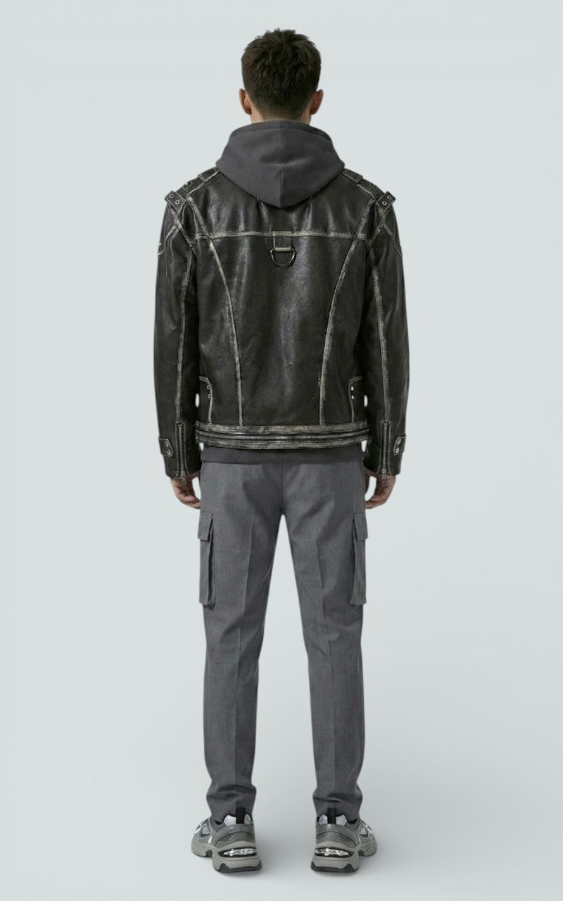 Distressed Leather Belted Jacket