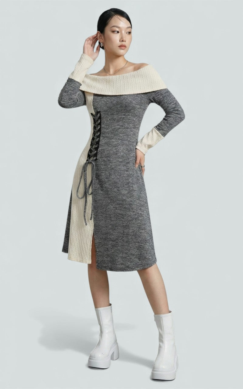 Ivory Ash Lace-Panel Knit Dress