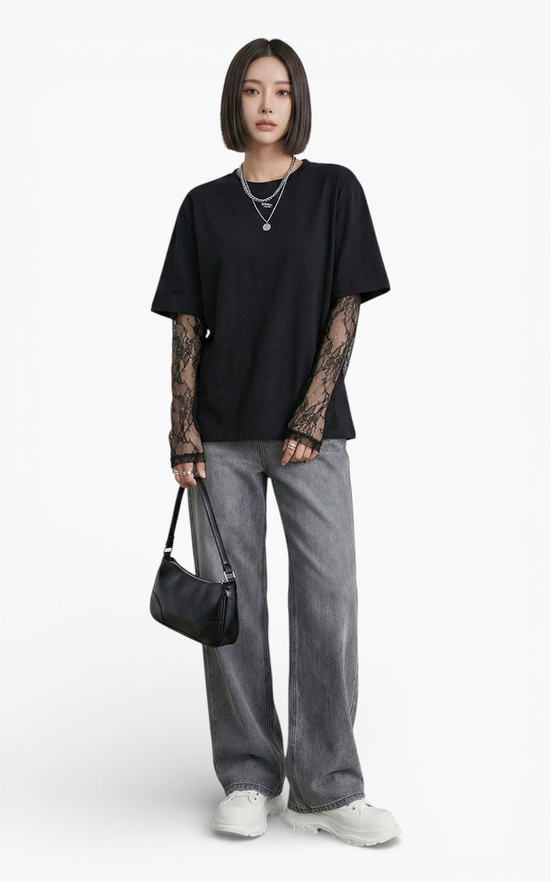 Lace Sleeve Round Neck Top