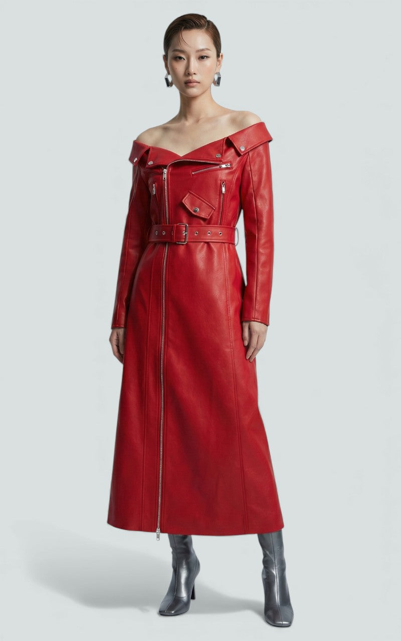 Crimson Off-Shoulder Leather Midi Dress