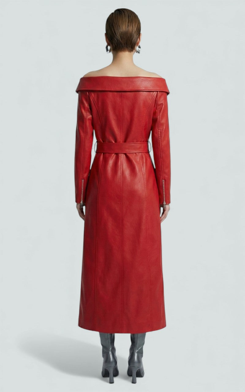 Crimson Off-Shoulder Leather Midi Dress