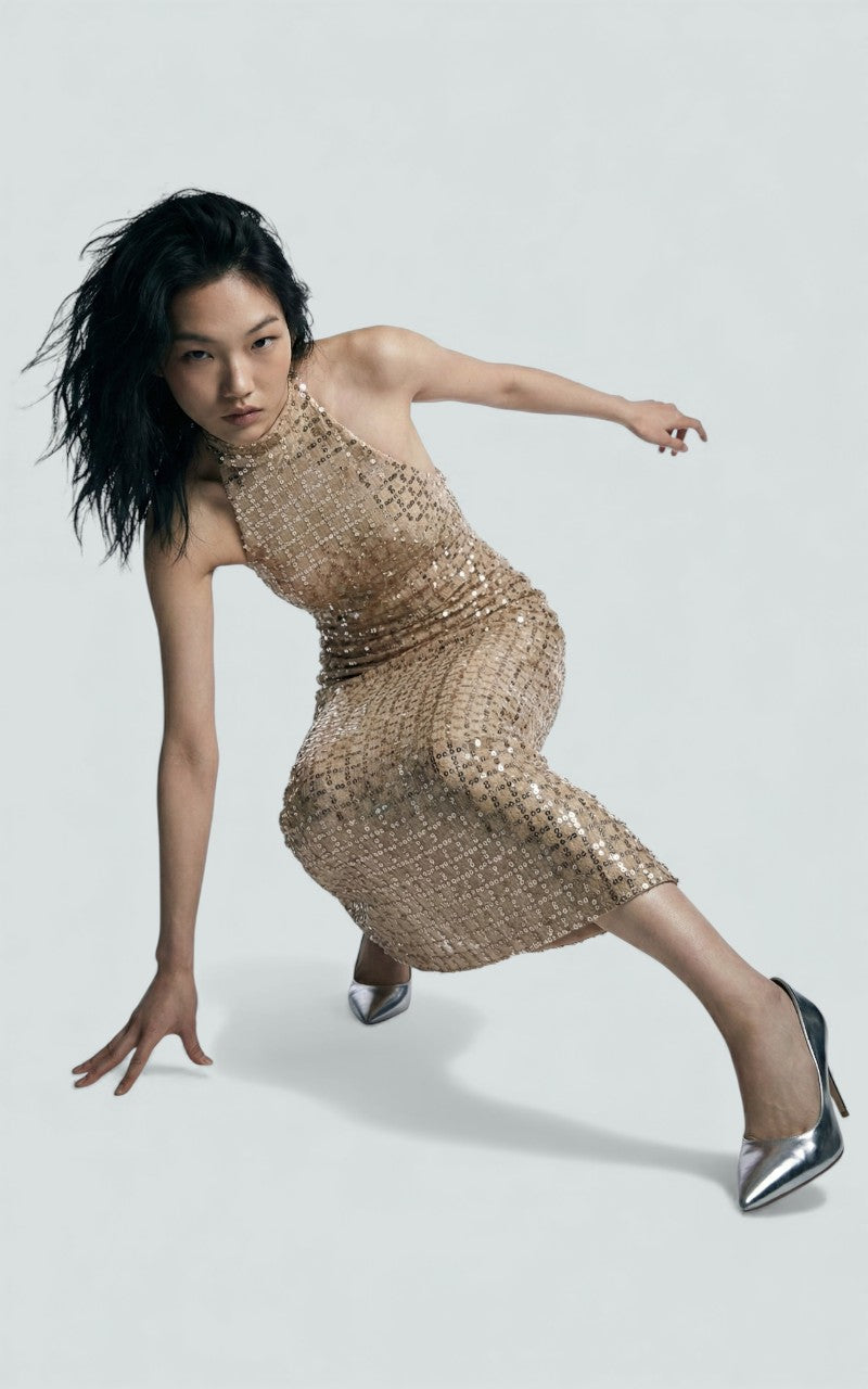 Gilded Grid Column Gown