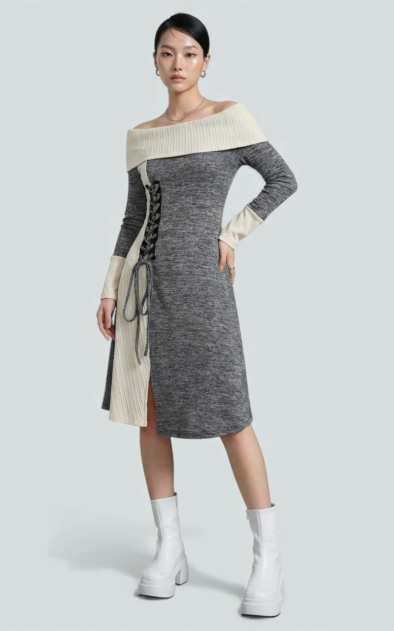 Ivory Ash Lace-Panel Knit Dress