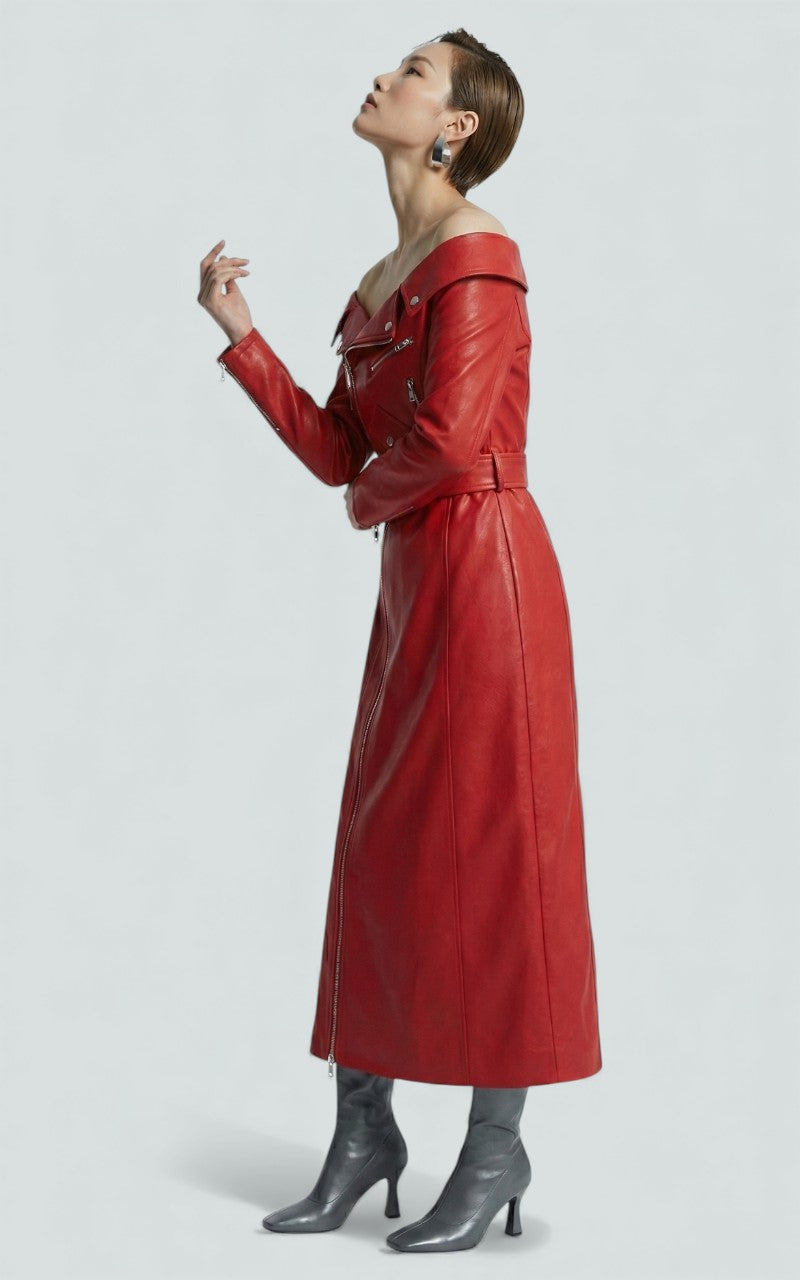 Crimson Off-Shoulder Leather Midi Dress