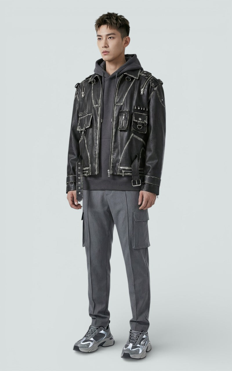 Distressed Leather Belted Jacket