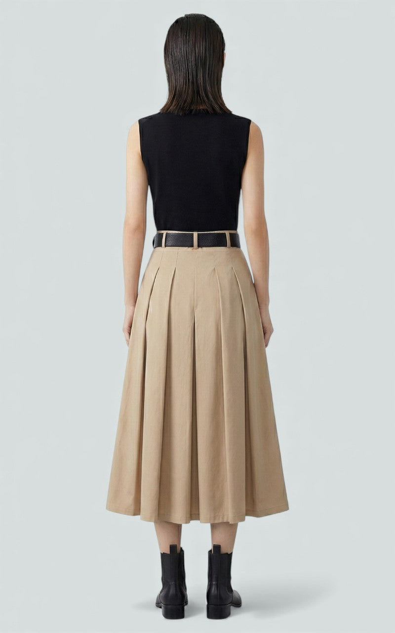 Sand Pleat Belted Midi Dress