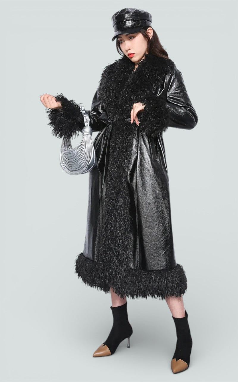 Quilted Fur-Trim Belted Longline Coat