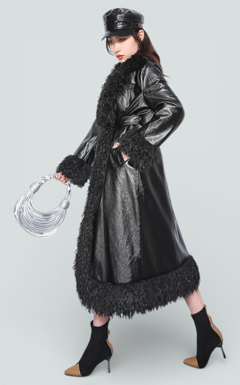 Quilted Fur-Trim Belted Longline Coat