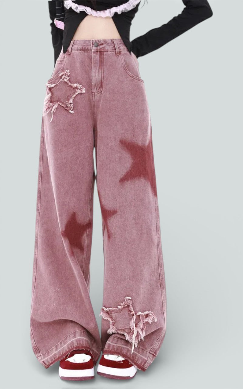 Star Detail Wide-Leg Denim Trousers