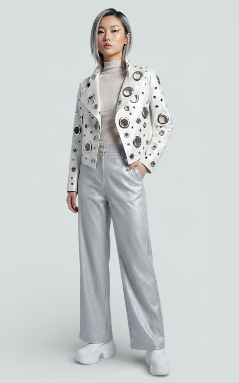 Rivet Cutout Cropped Faux Leather Jacket