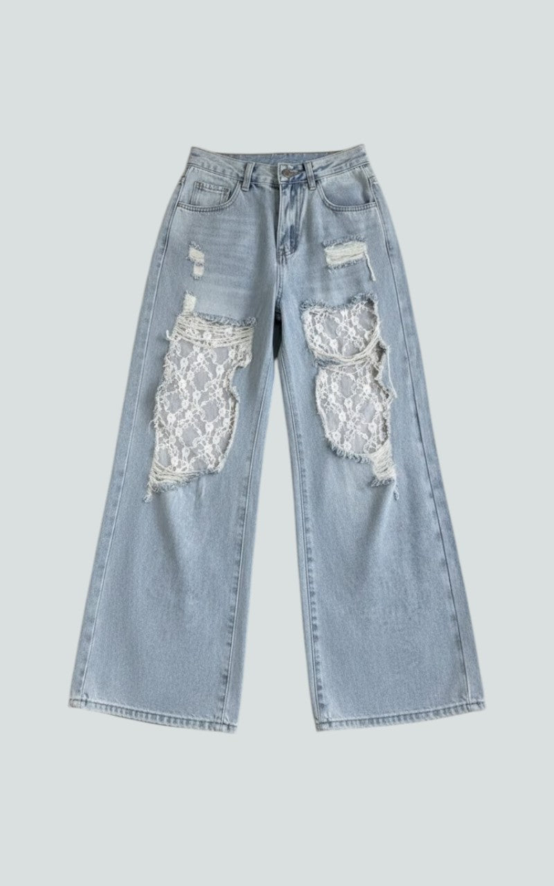 Lace Patchwork Wide-Leg Denim