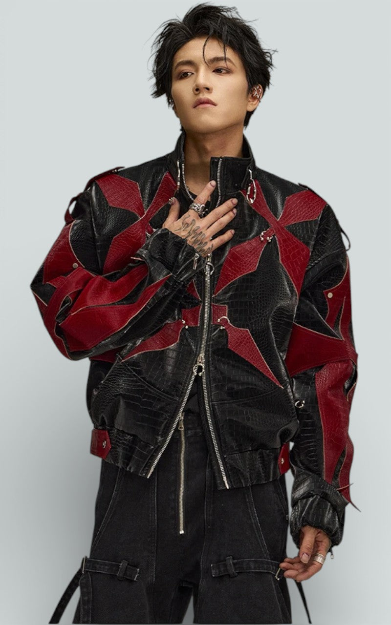 Croc-Texture Color-Block Zip Jacket