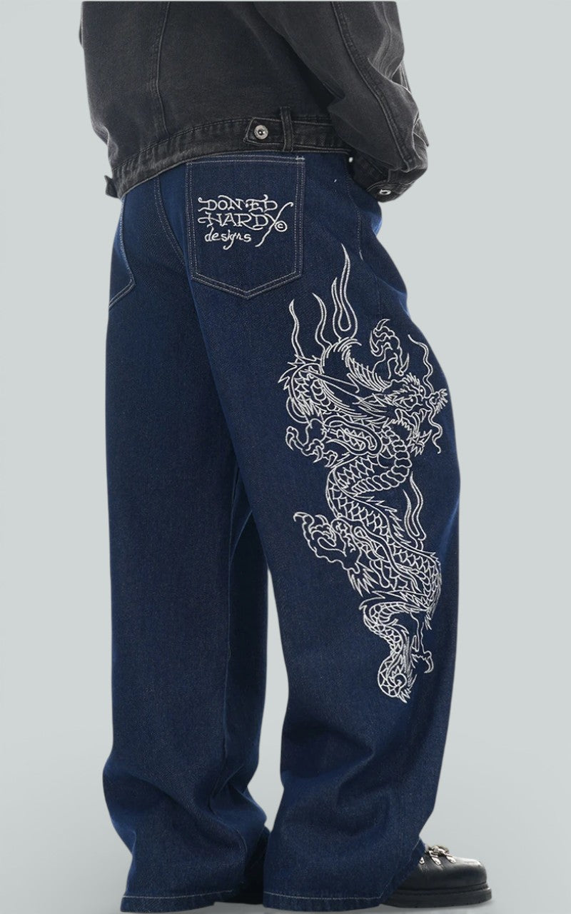 Dragon Embroidery Loose Wide-Leg Denim