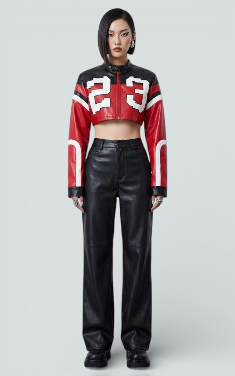 Crimson Varsity Crop Faux Leather Jacket