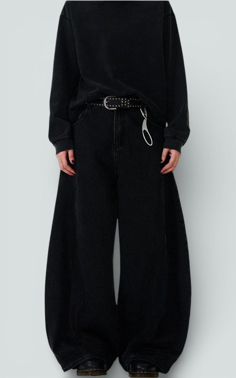 Black Wide-Leg Curved Denim Trousers