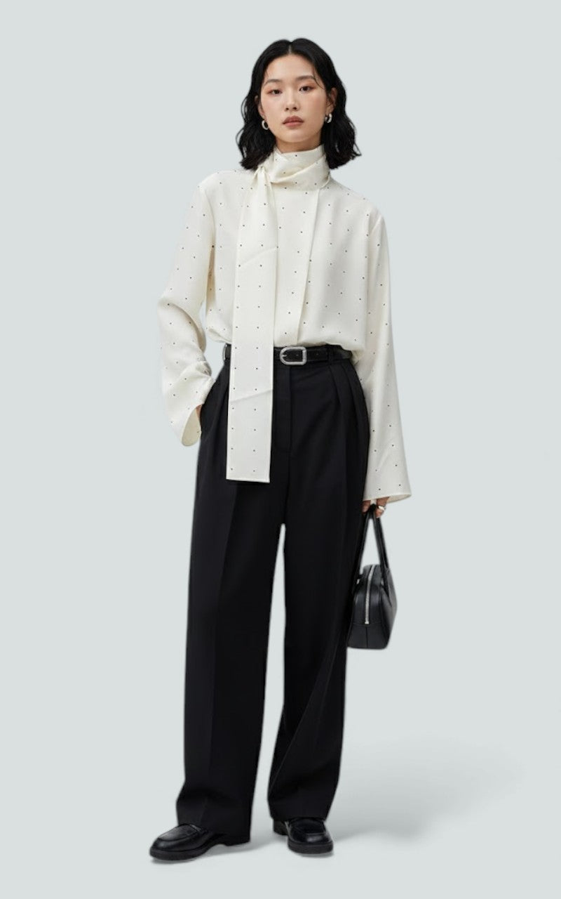 Polka Dot Scarf-Neck Satin Blouse