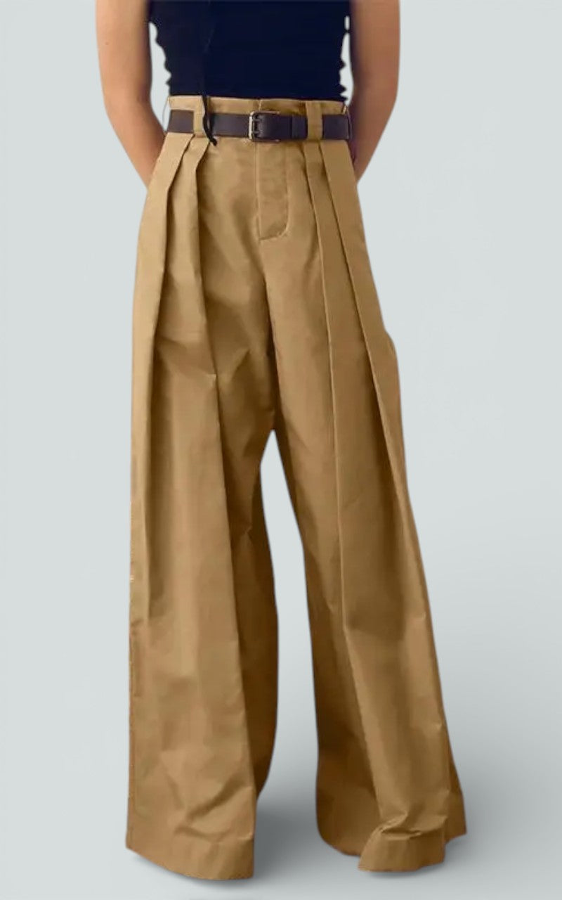 Pleated Wide-Leg Tan Tailored Bottoms