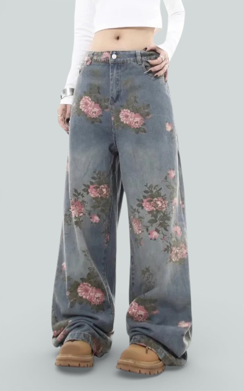 Vintage Floral Wash Wide-Leg Denim