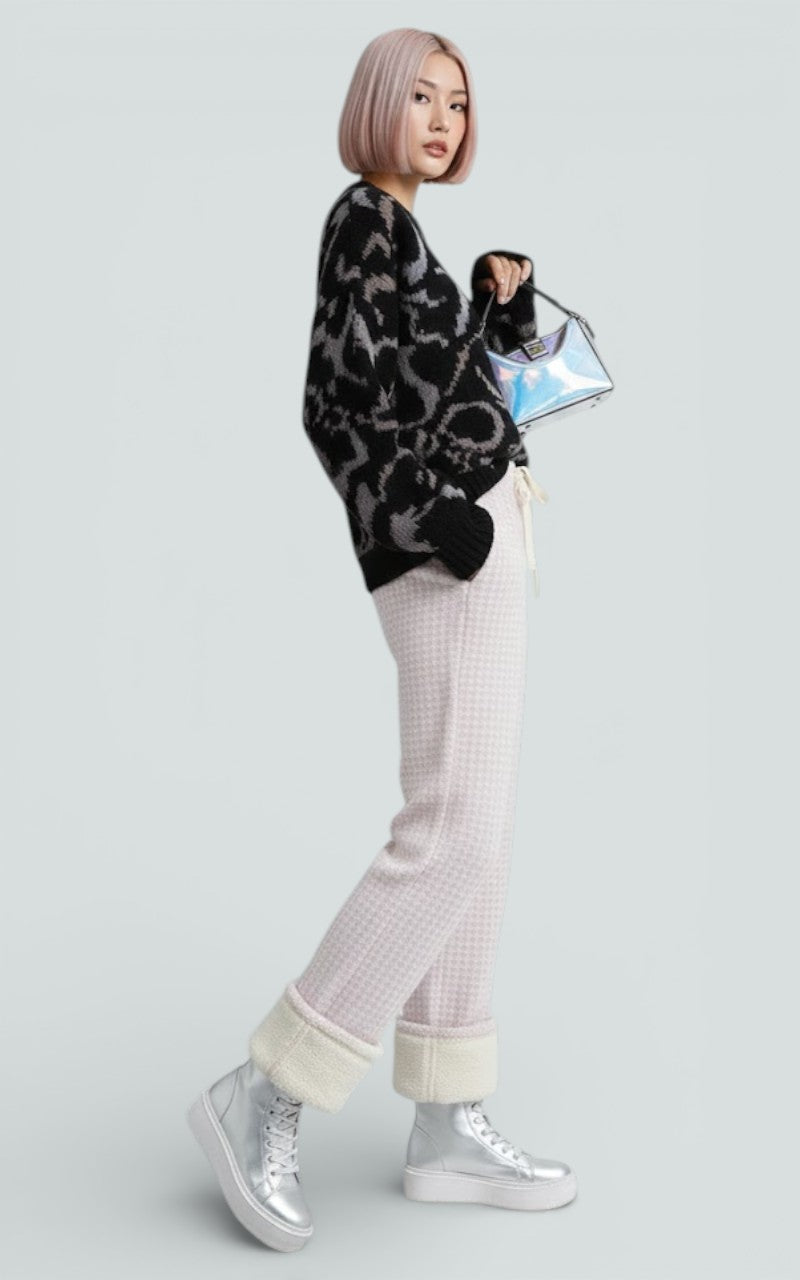 Pink Plaid Wide-Leg Plush Trousers