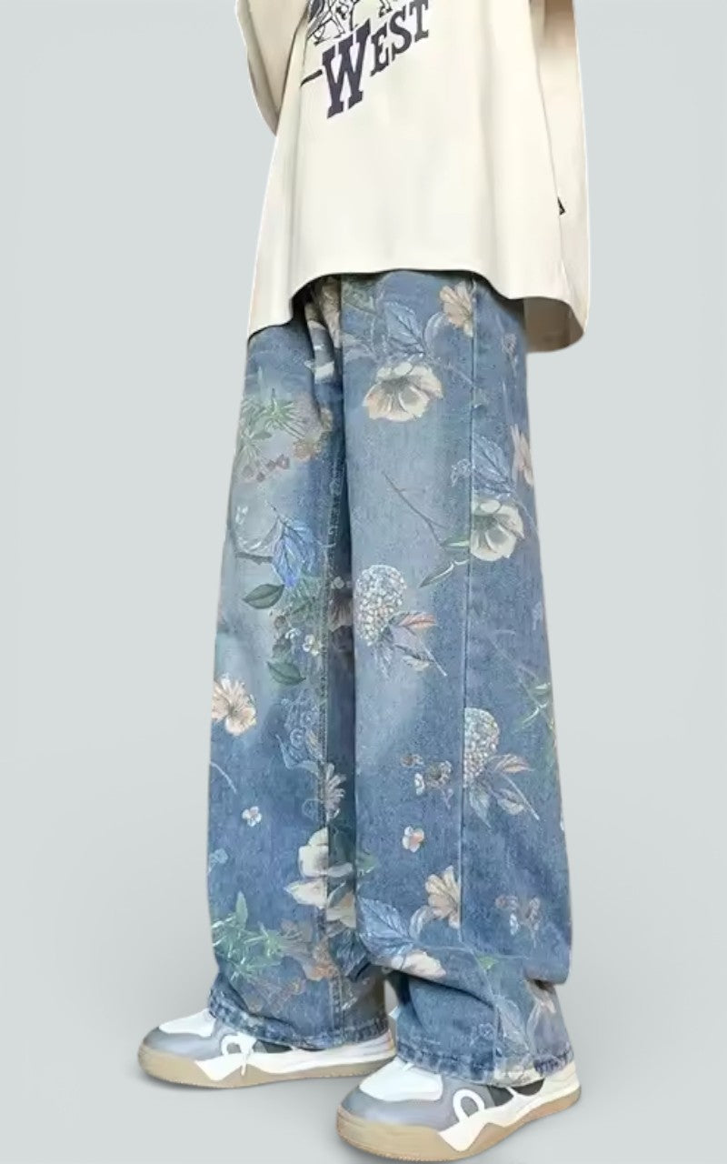 Floral Wide-Leg Denim Trousers