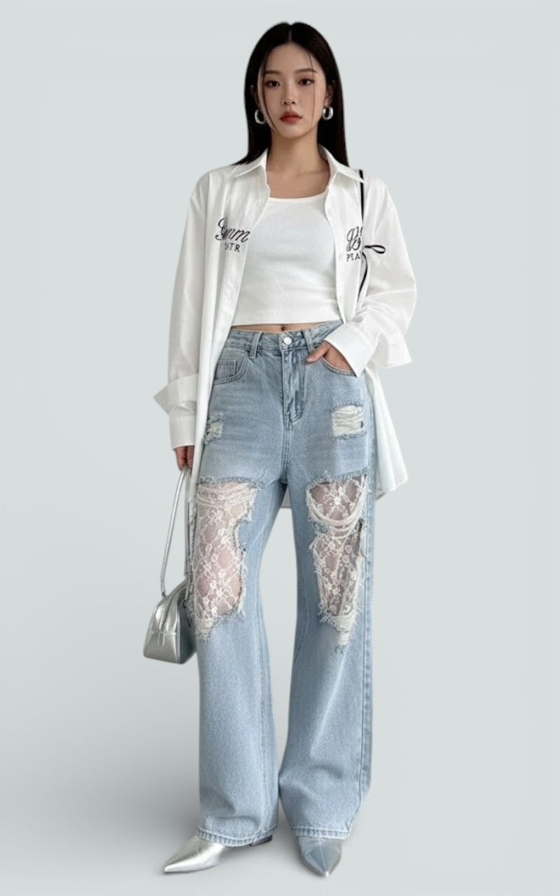 Lace Patchwork Wide-Leg Denim