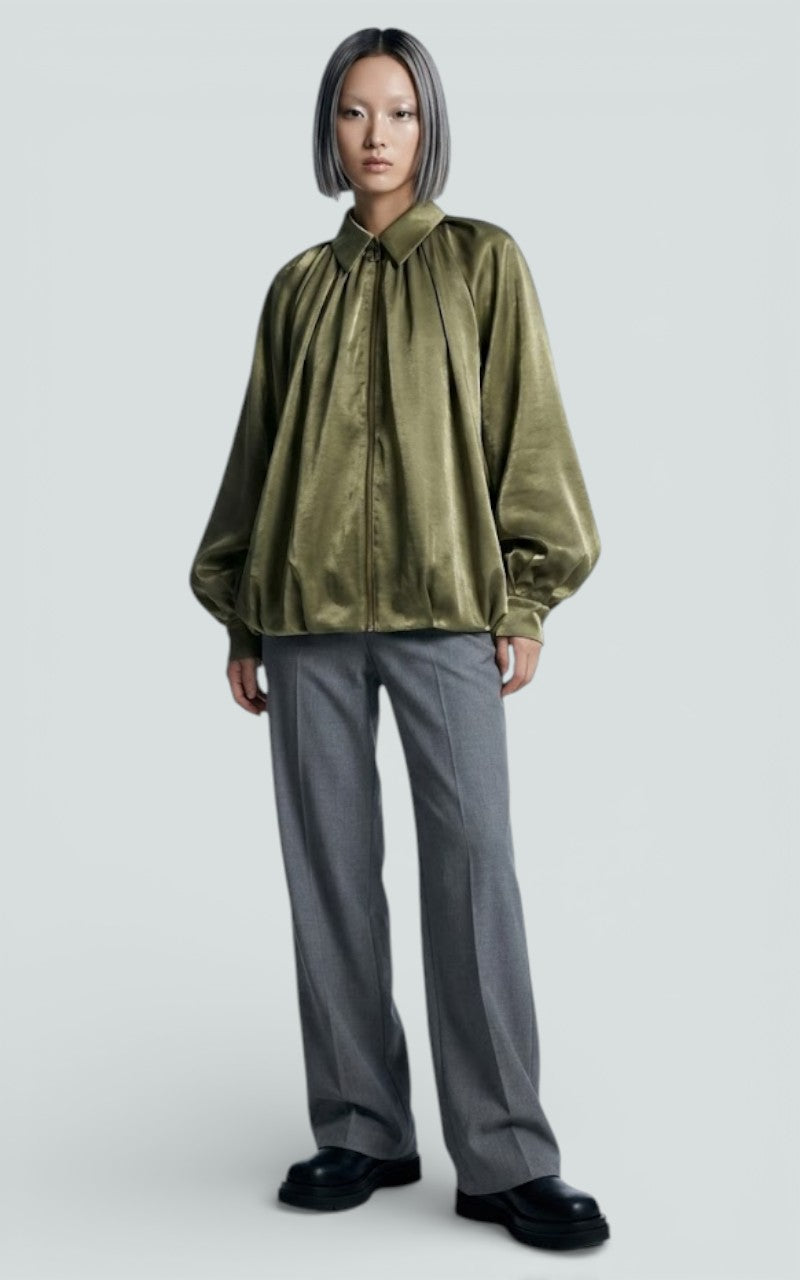 Ruched Satin Bomber Jacket