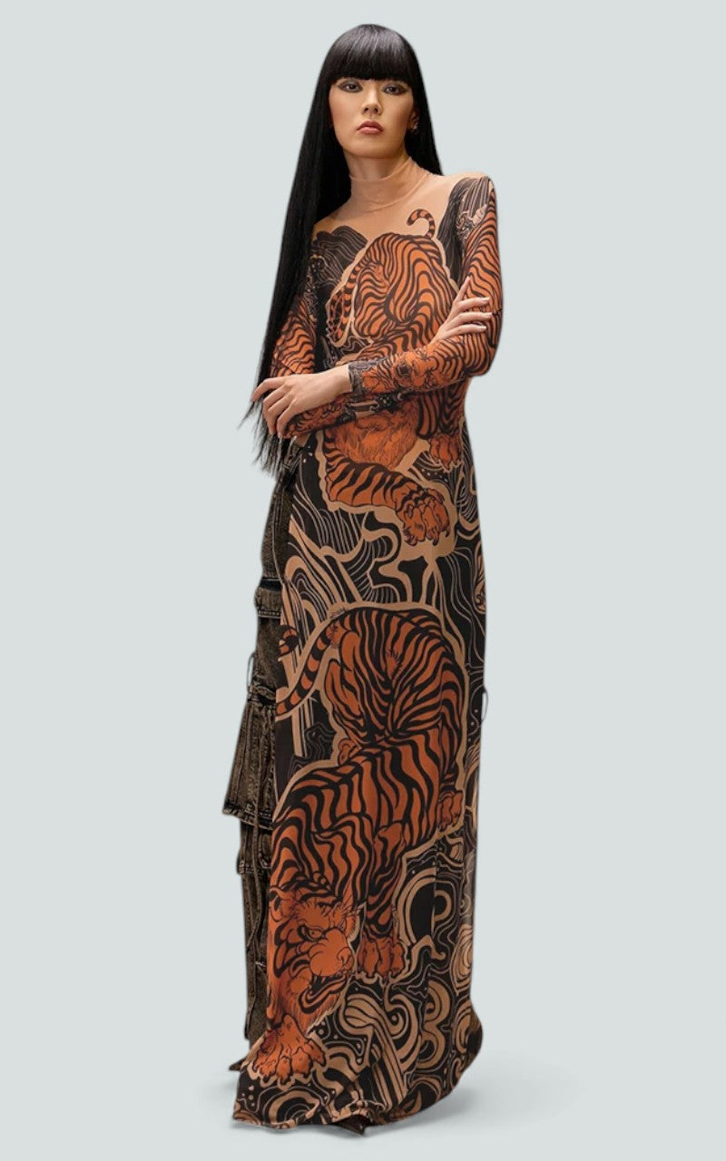 Tiger Veil Sheer Column Dress