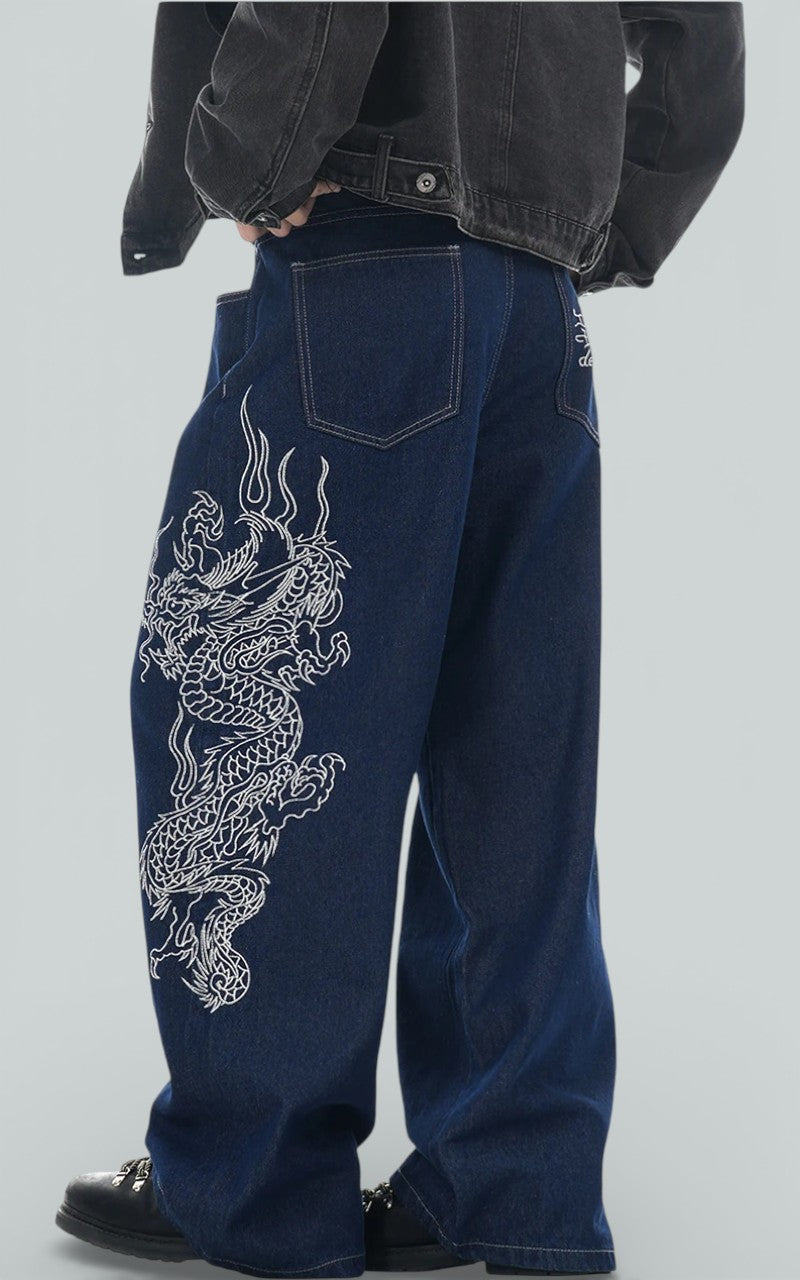 Dragon Embroidery Loose Wide-Leg Denim