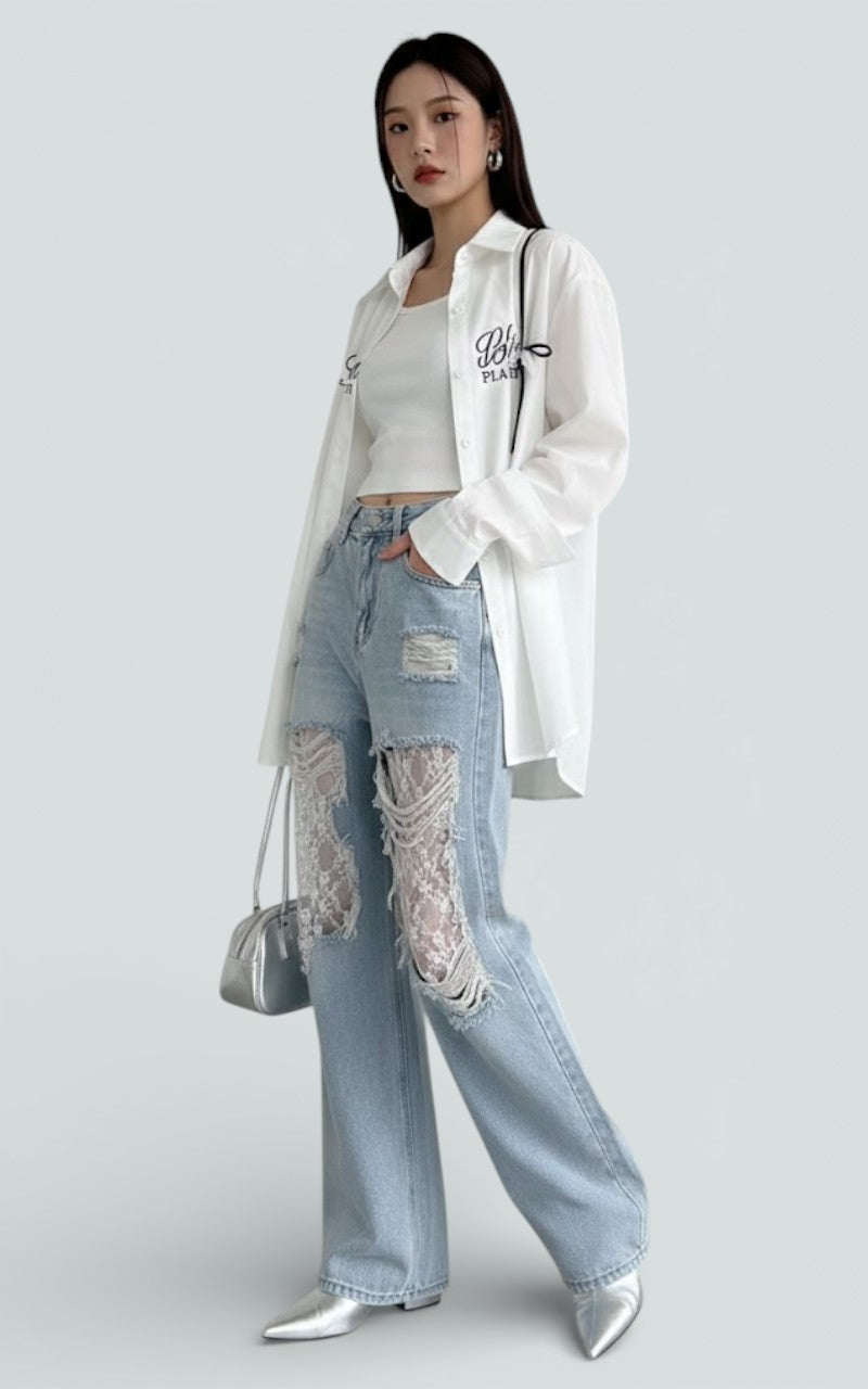 Lace Patchwork Wide-Leg Denim