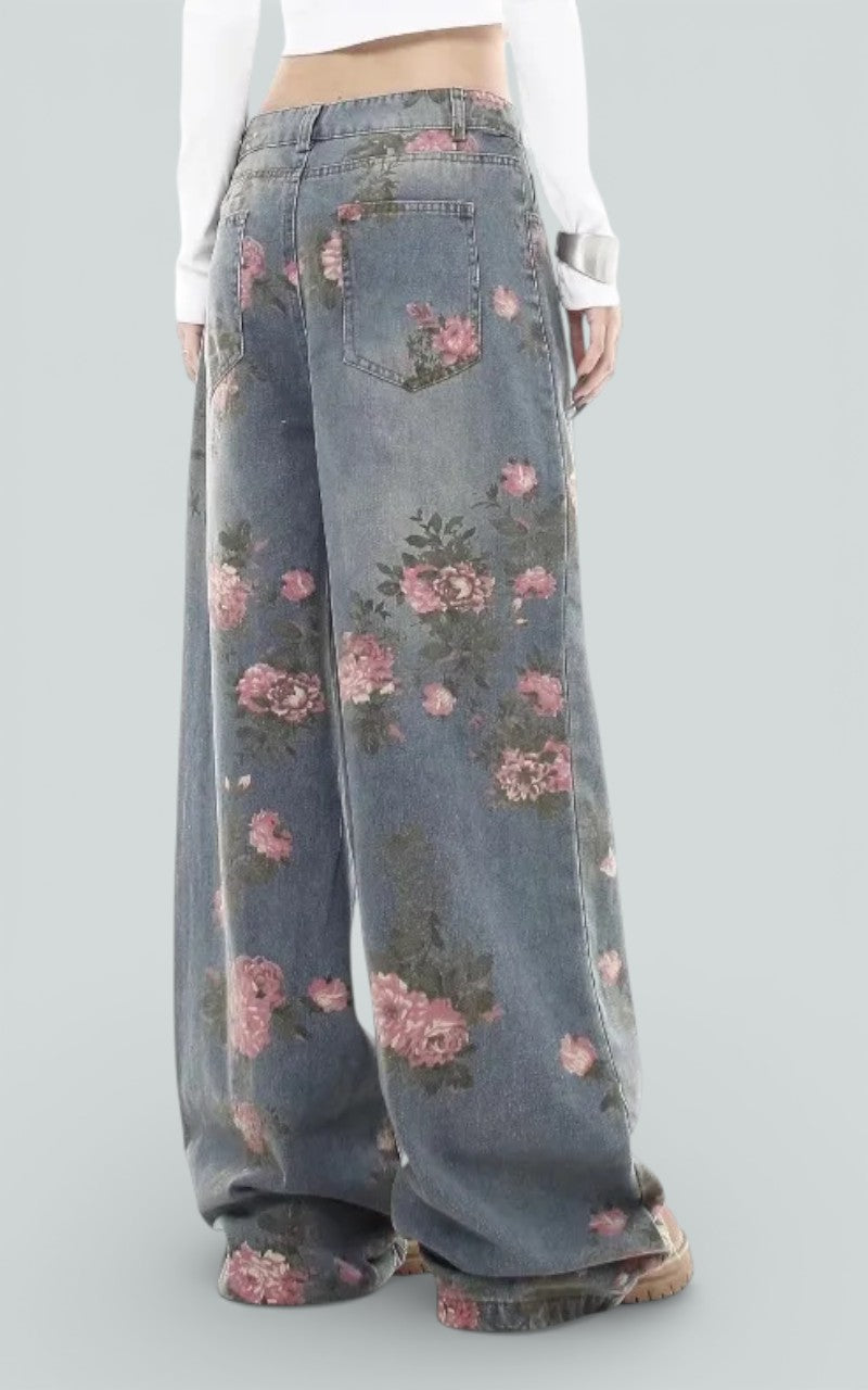 Vintage Floral Wash Wide-Leg Denim