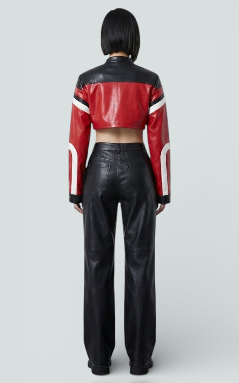 Crimson Varsity Crop Faux Leather Jacket