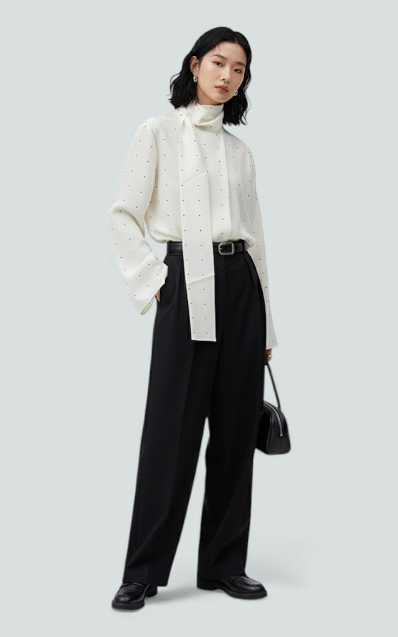 Polka Dot Scarf-Neck Satin Blouse