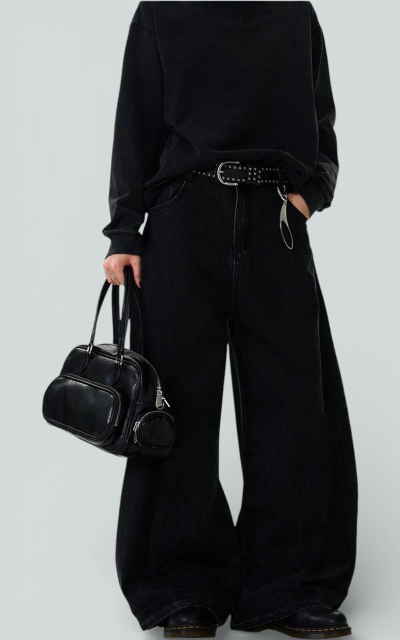 Black Wide-Leg Curved Denim Trousers