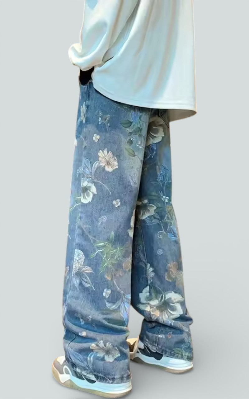 Floral Wide-Leg Denim Trousers