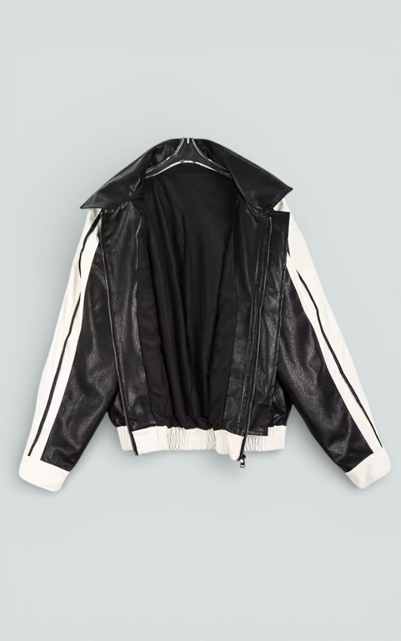 Color-Block Patchwork Faux Leather Zip Jacket