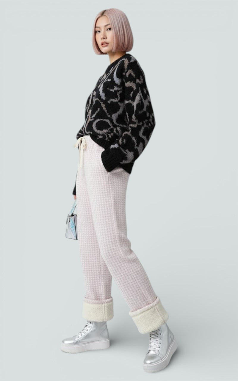 Pink Plaid Wide-Leg Plush Trousers